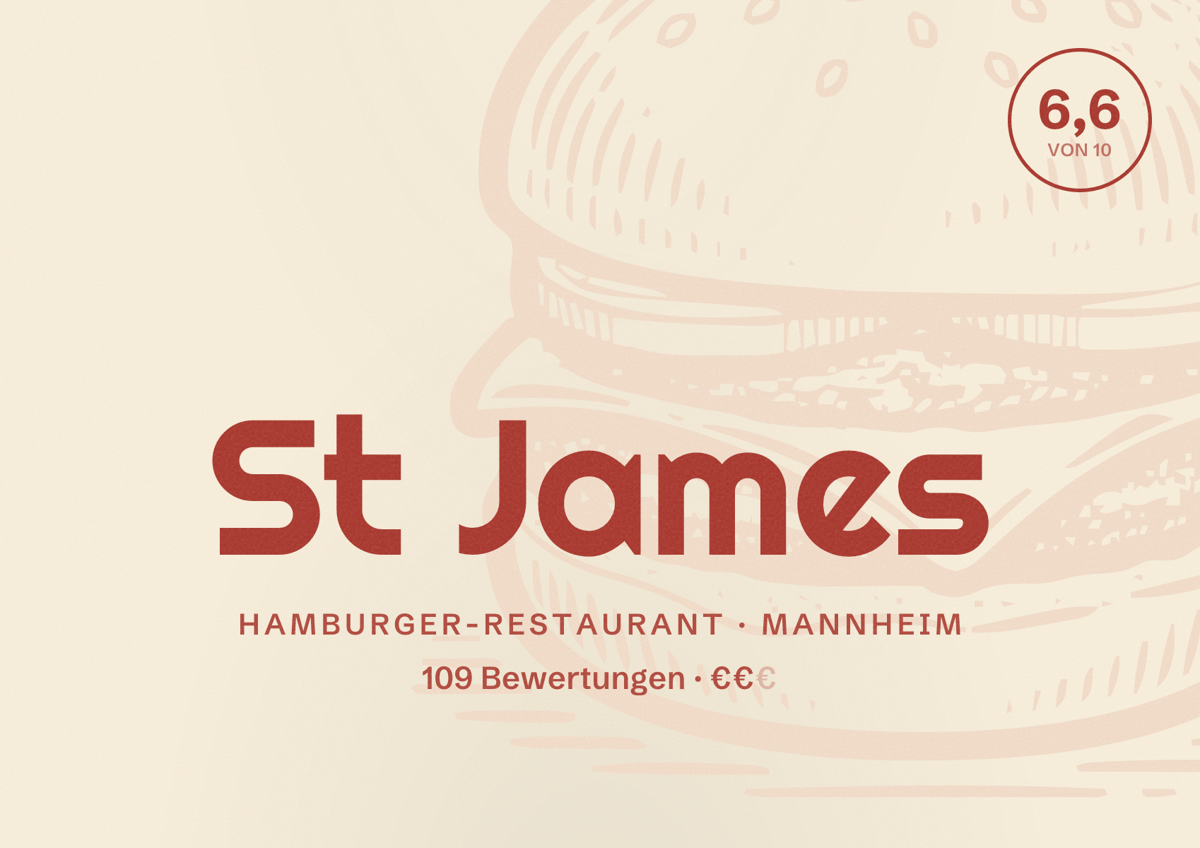 Illustriertes Poster von St James, Hamburger-Restaurant in Mannheim: Bewertung 6,6 von 10 aus 109 Bewertungen, Preisniveau €€