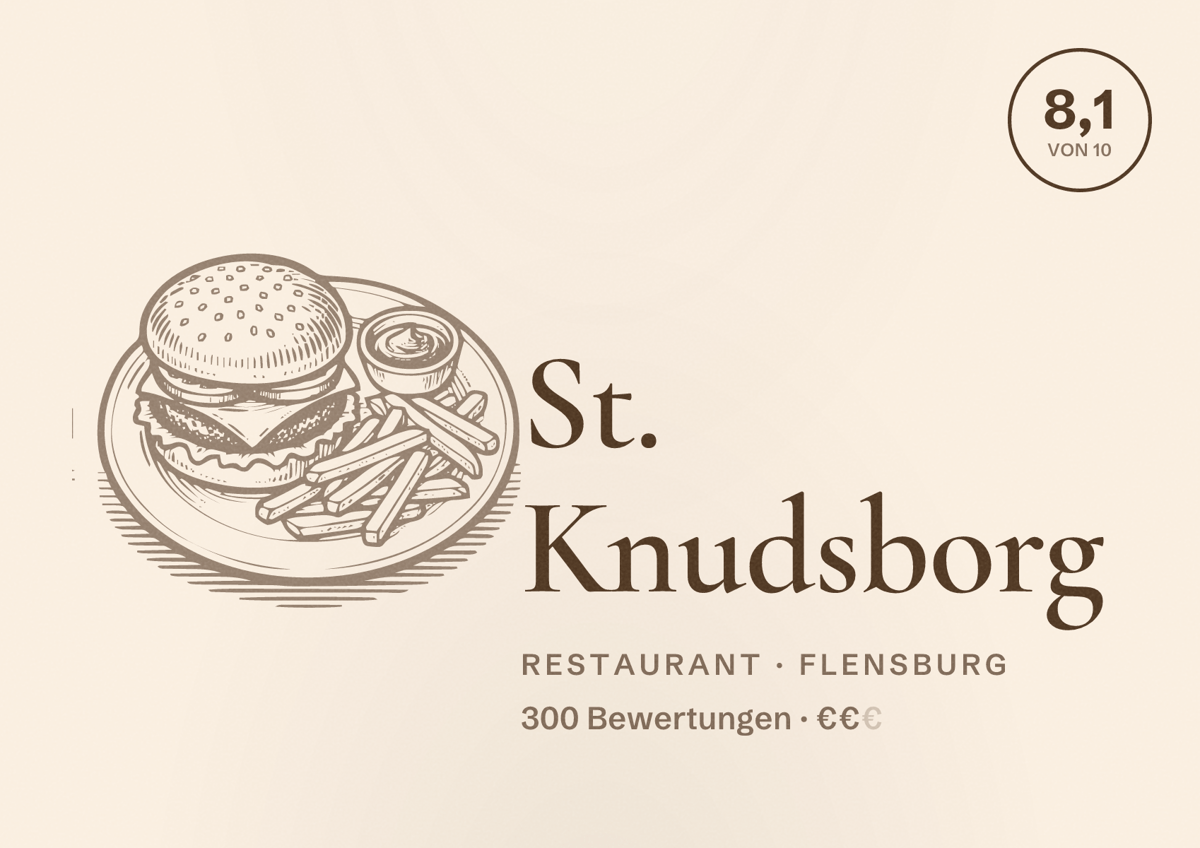 Illustriertes Poster von St. Knudsborg, Restaurant in Flensburg: Bewertung 8,1 von 10 aus 300 Bewertungen, Preisniveau €€