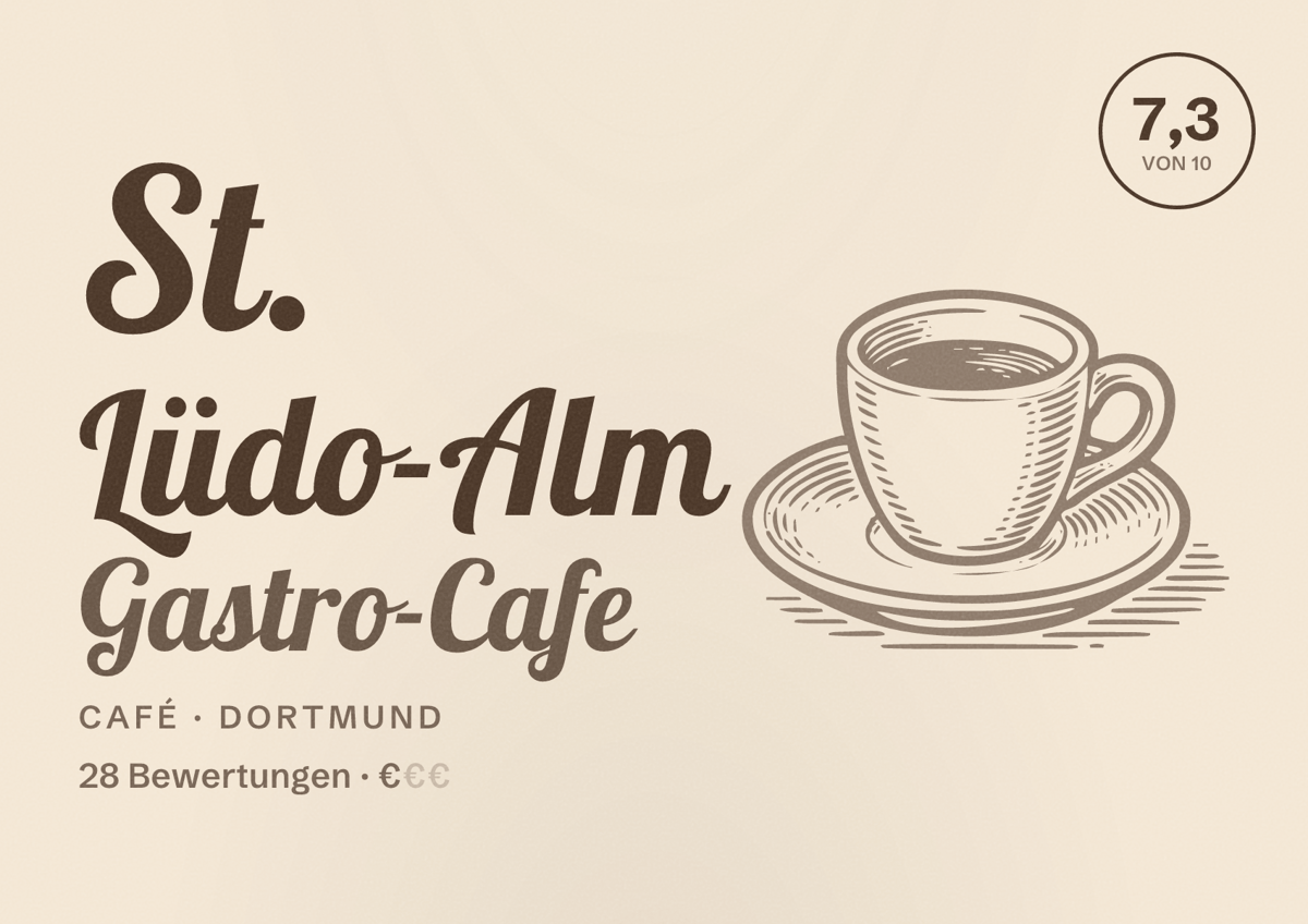 Illustriertes Poster von St. Lüdo-Alm Gastro-Cafe, Café in Dortmund: Bewertung 7,3 von 10 aus 28 Bewertungen, Preisniveau €