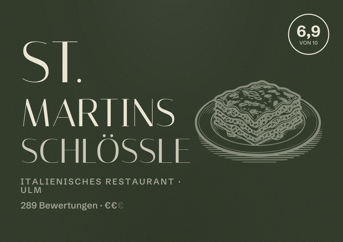 Illustriertes Poster von St. Martins Schlößle, Italienisches Restaurant in Ulm: Bewertung 6,9 von 10 aus 289 Bewertungen, Preisniveau €€