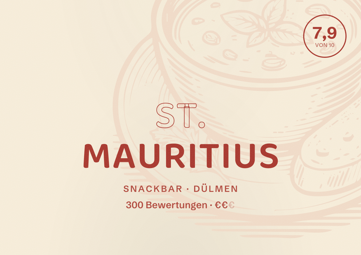 Illustriertes Poster von St. Mauritius, Snackbar in Dülmen: Bewertung 7,9 von 10 aus 300 Bewertungen, Preisniveau €€