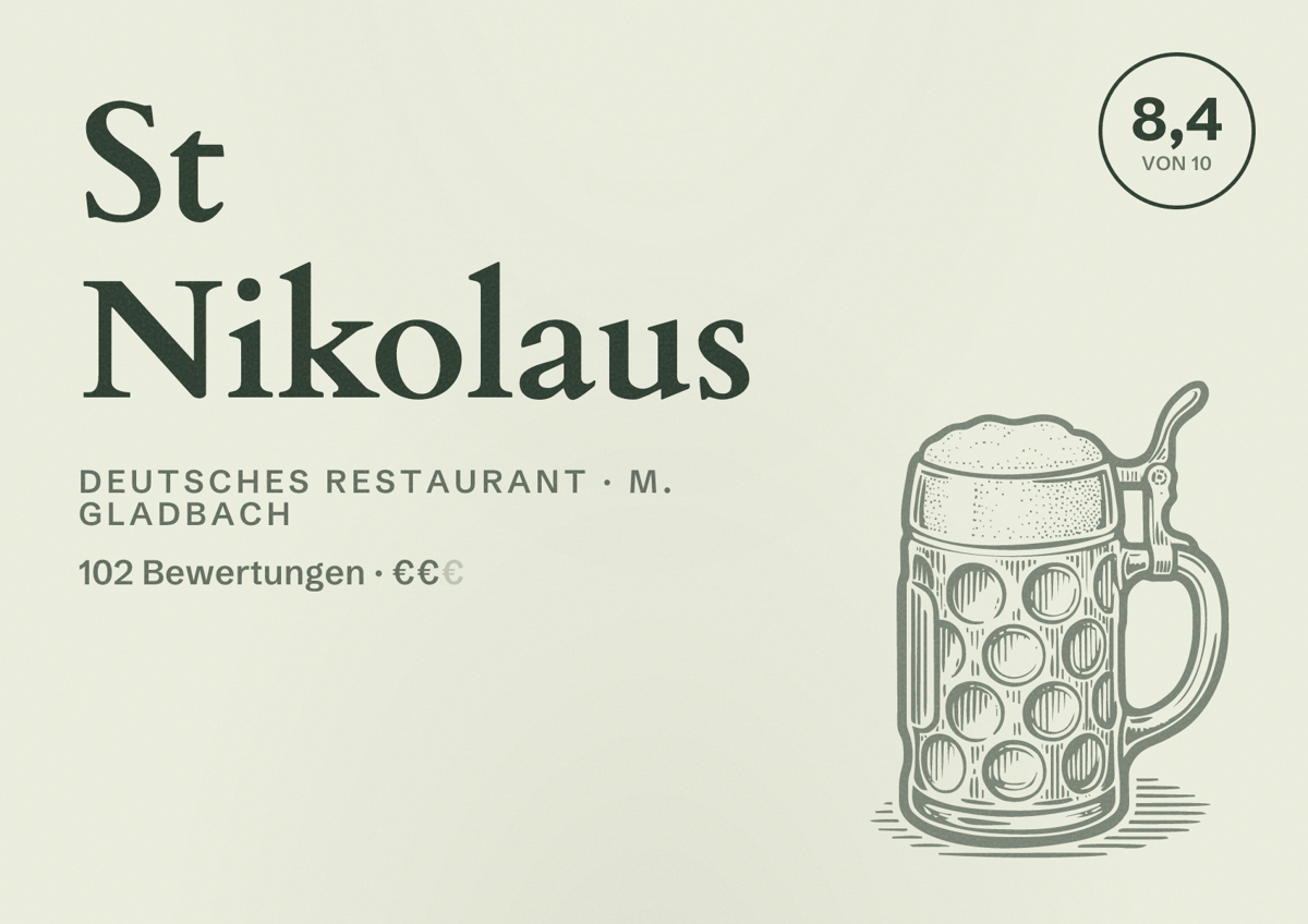 Illustriertes Poster von St Nikolaus, Deutsches Restaurant in M. Gladbach: Bewertung 8,4 von 10 aus 102 Bewertungen, Preisniveau €€