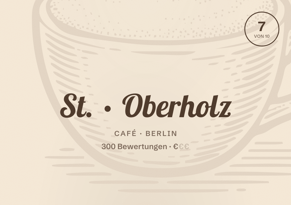 Illustriertes Poster von St. Oberholz, Café in Berlin: Bewertung 7,0 von 10 aus 300 Bewertungen, Preisniveau €