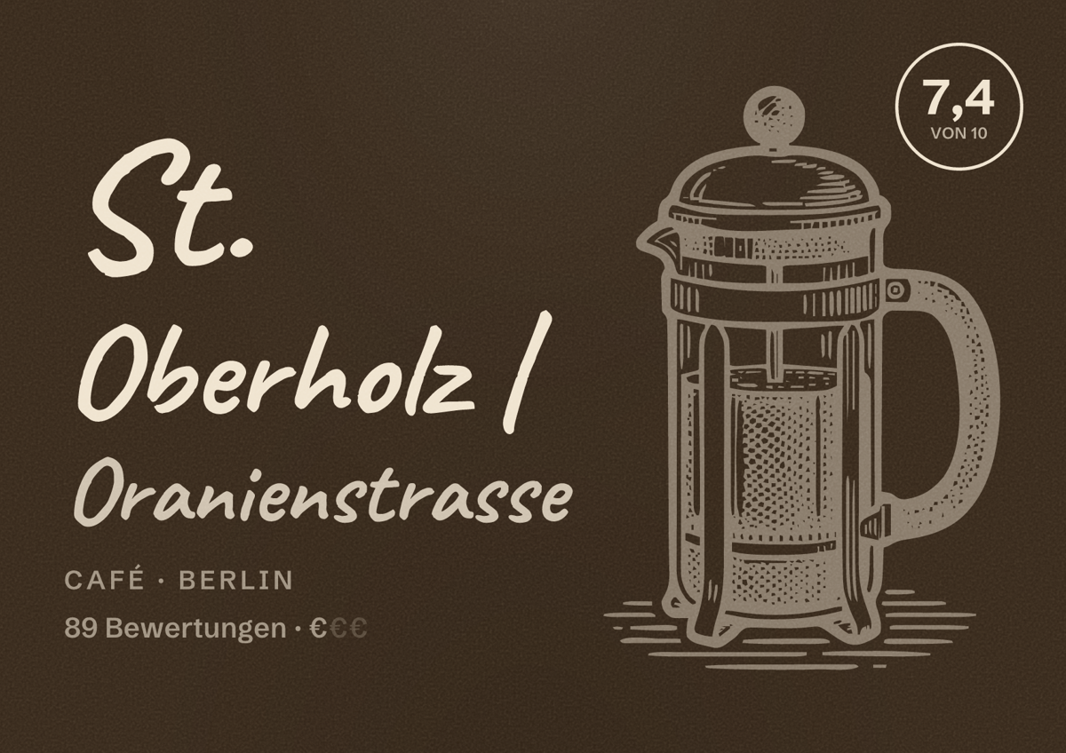 Illustriertes Poster von St. Oberholz | Oranienstrasse, Café in Berlin: Bewertung 7,4 von 10 aus 89 Bewertungen, Preisniveau €