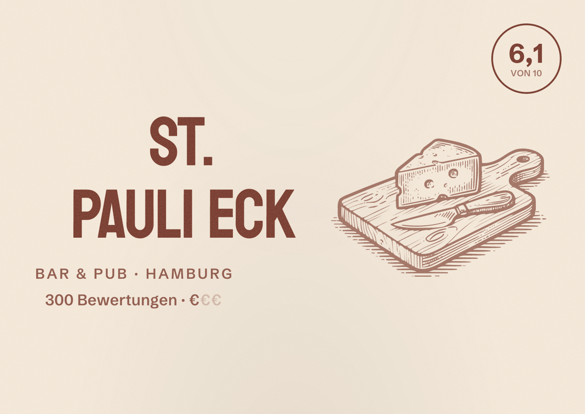 Illustriertes Poster von St. Pauli Eck, Bar & Pub in Hamburg: Bewertung 6,1 von 10 aus 300 Bewertungen, Preisniveau €