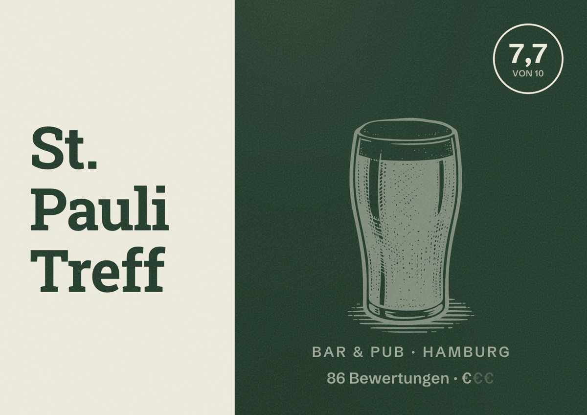 Illustriertes Poster von St. Pauli Treff, Bar & Pub in Hamburg: Bewertung 7,7 von 10 aus 86 Bewertungen, Preisniveau €