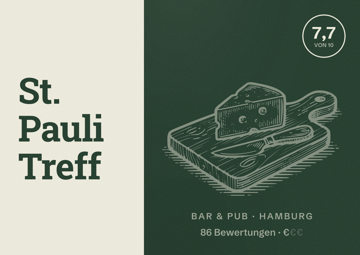 Illustriertes Poster von St. Pauli Treff, Bar & Pub in Hamburg: Bewertung 7,7 von 10 aus 86 Bewertungen, Preisniveau €