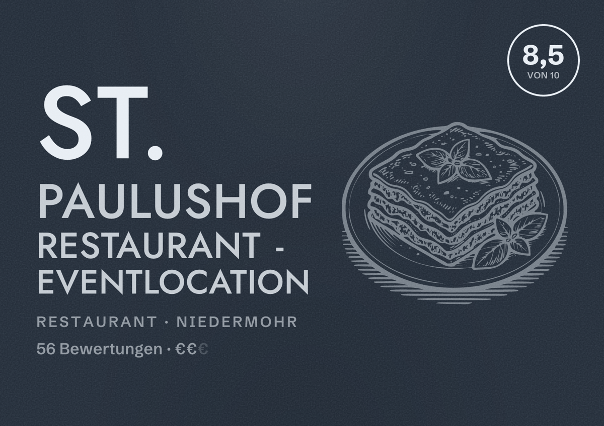 Illustriertes Poster von St. Paulushof Restaurant - Eventlocation, Restaurant in Niedermohr: Bewertung 8,5 von 10 aus 56 Bewertungen, Preisniveau €€