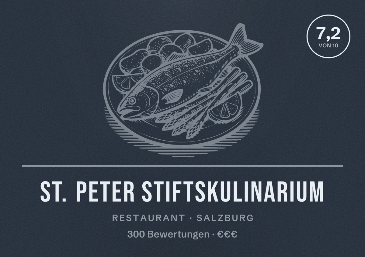 Illustriertes Poster von St. Peter Stiftskulinarium, Restaurant in Salzburg: Bewertung 7,2 von 10 aus 300 Bewertungen, Preisniveau €€€