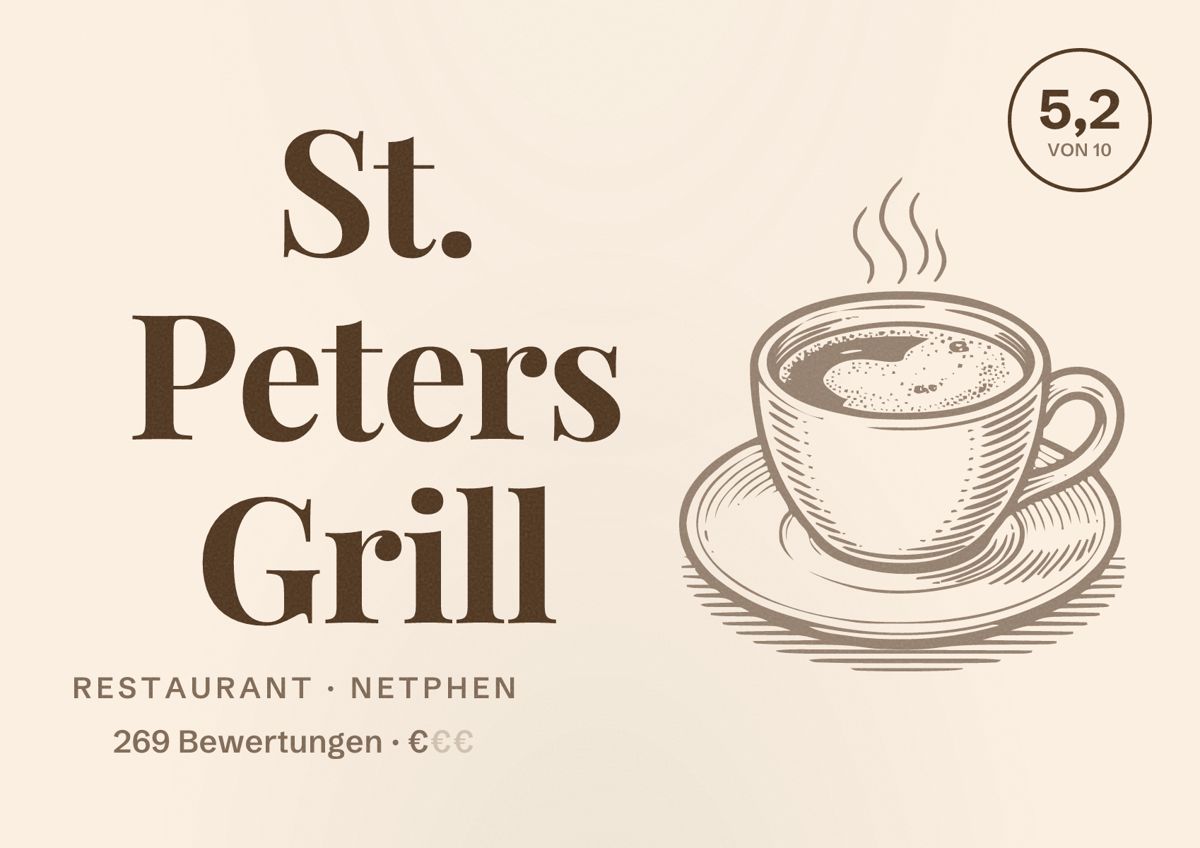 Illustriertes Poster von St. Peters Grill, Restaurant in Netphen: Bewertung 5,2 von 10 aus 269 Bewertungen, Preisniveau €