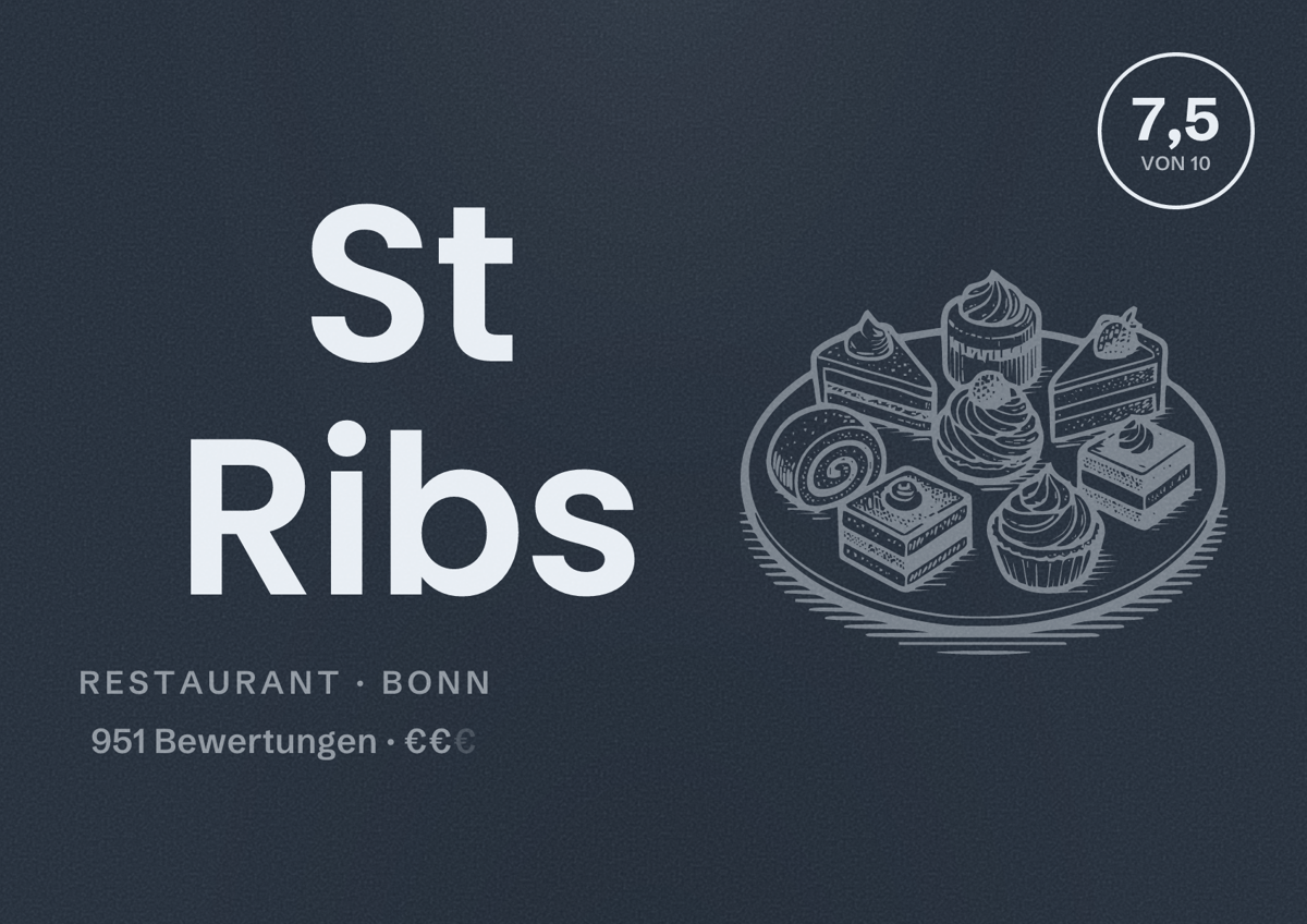 Illustriertes Poster von St Ribs, Restaurant in Bonn: Bewertung 7,5 von 10 aus 951 Bewertungen, Preisniveau €€