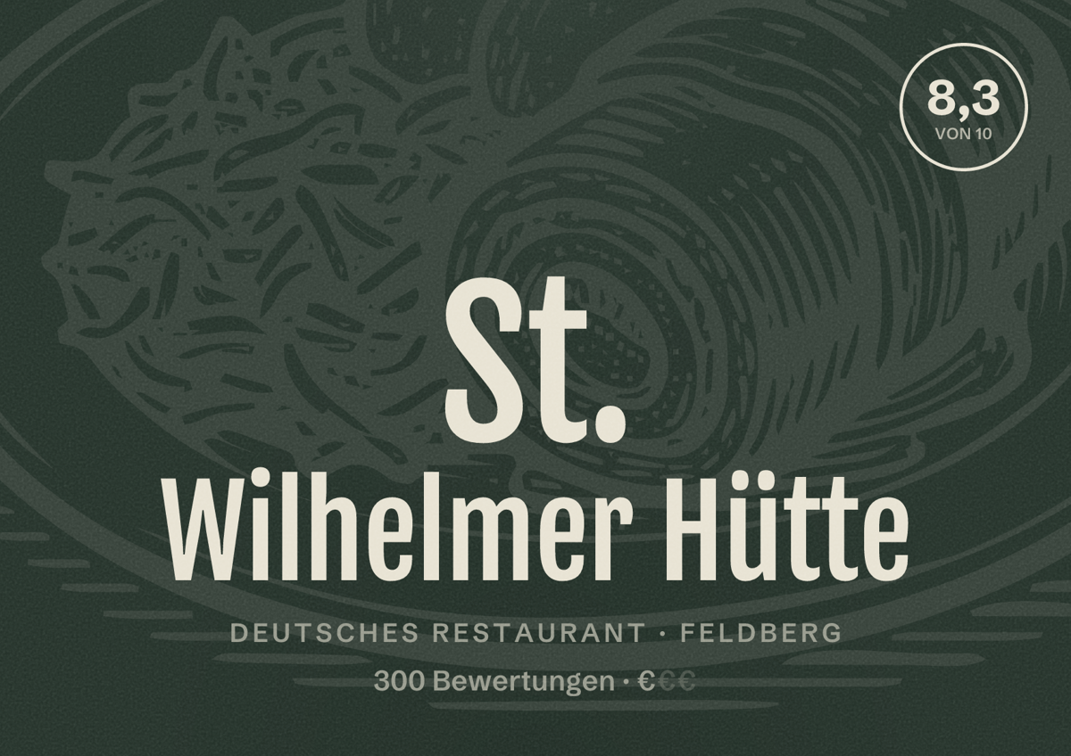 Illustriertes Poster von St. Wilhelmer Hütte, Deutsches Restaurant in Feldberg: Bewertung 8,3 von 10 aus 300 Bewertungen, Preisniveau €