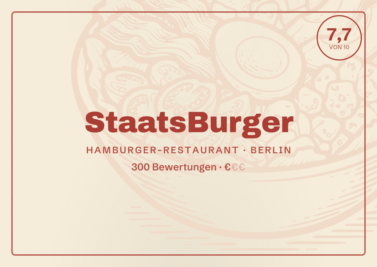 Illustriertes Poster von StaatsBurger, Hamburger-Restaurant in Berlin: Bewertung 7,7 von 10 aus 300 Bewertungen, Preisniveau €