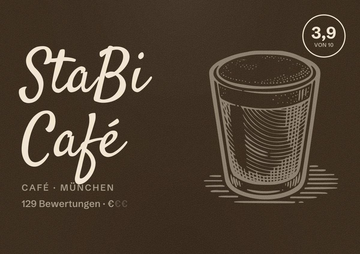 Illustriertes Poster von StaBi Café, Café in München: Bewertung 3,9 von 10 aus 129 Bewertungen, Preisniveau €