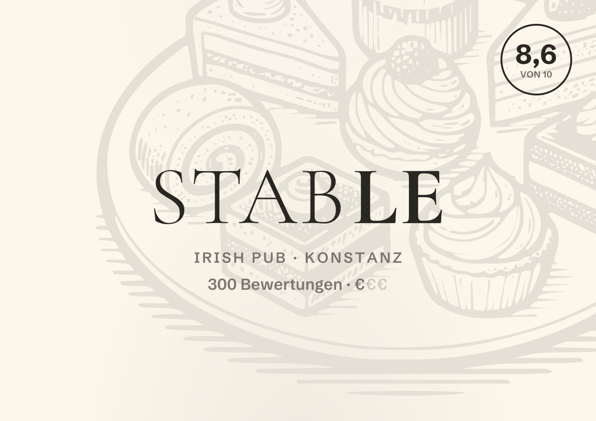 Illustriertes Poster von Stable, Irish Pub in Konstanz: Bewertung 8,6 von 10 aus 300 Bewertungen, Preisniveau €