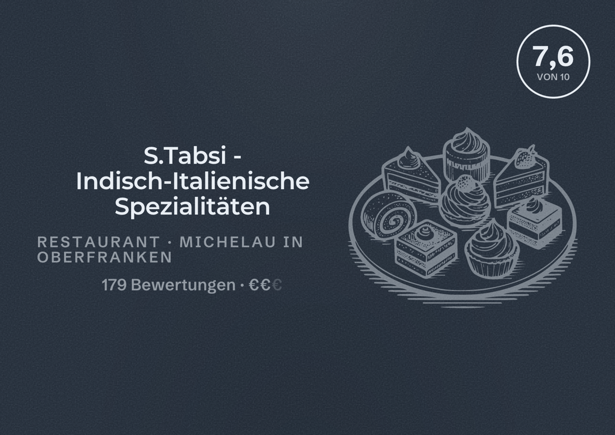 Illustriertes Poster von S.Tabsi - Indisch-Italienische Spezialitäten, Restaurant in Michelau in Oberfranken: Bewertung 7,6 von 10 aus 179 Bewertungen, Preisniveau €€