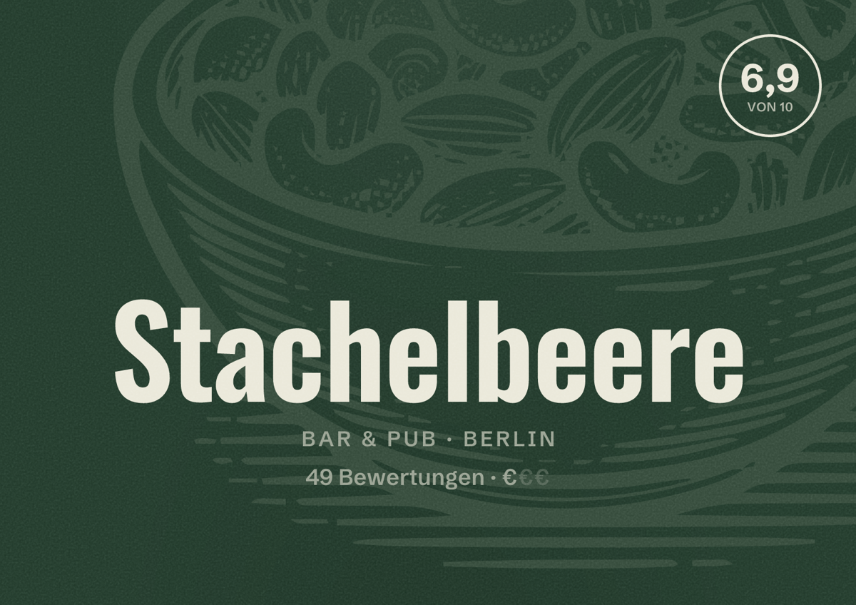 Illustriertes Poster von Stachelbeere, Bar & Pub in Berlin: Bewertung 6,9 von 10 aus 49 Bewertungen, Preisniveau €