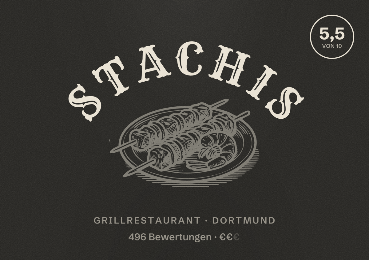 Illustriertes Poster von Stachis, Grillrestaurant in Dortmund: Bewertung 5,5 von 10 aus 496 Bewertungen, Preisniveau €€