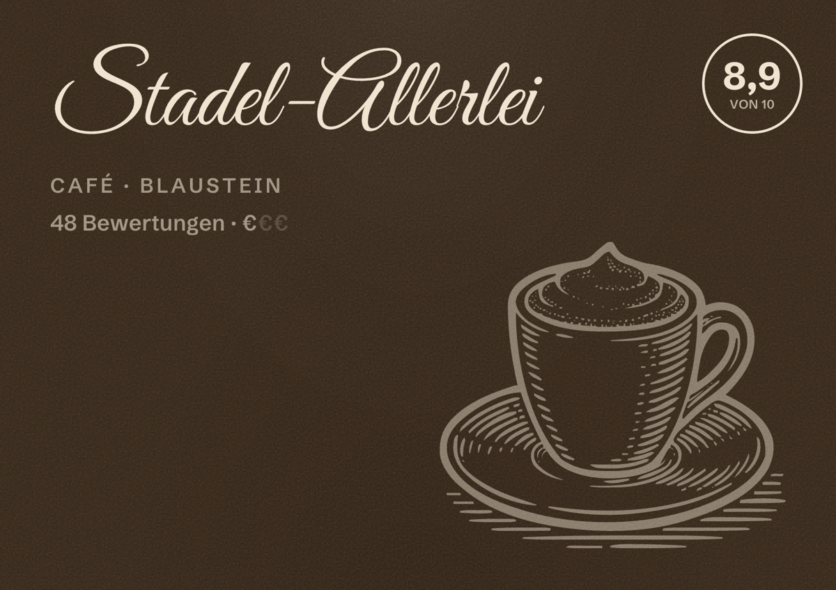 Illustriertes Poster von Stadel-Allerlei, Café in Blaustein: Bewertung 8,9 von 10 aus 48 Bewertungen, Preisniveau €