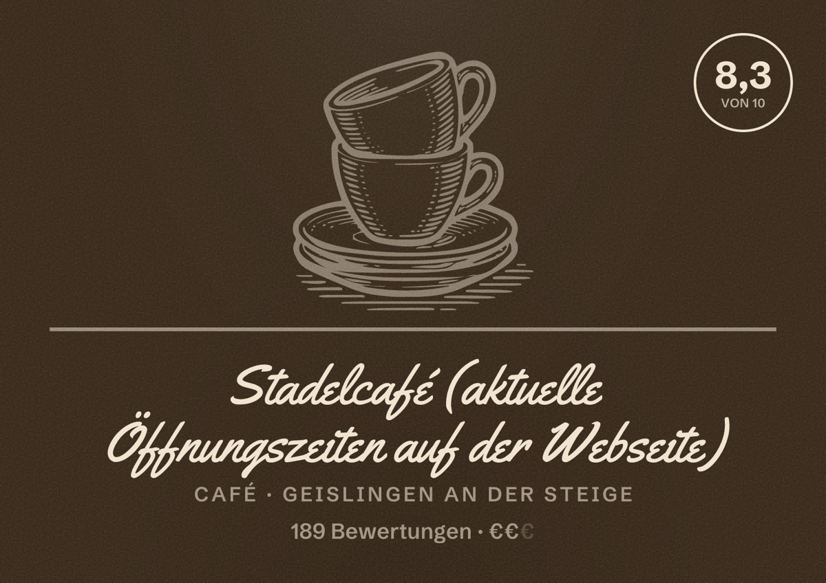Illustriertes Poster von Stadelcafé (aktuelle Öffnungszeiten auf der Webseite), Café in Geislingen an der Steige: Bewertung 8,3 von 10 aus 189 Bewertungen, Preisniveau €€