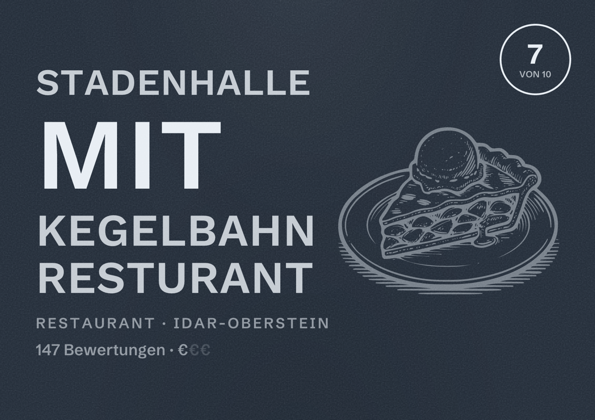 Illustriertes Poster von Stadenhalle mit kegelbahn resturant, Restaurant in Idar-Oberstein: Bewertung 7 von 10 aus 147 Bewertungen, Preisniveau €