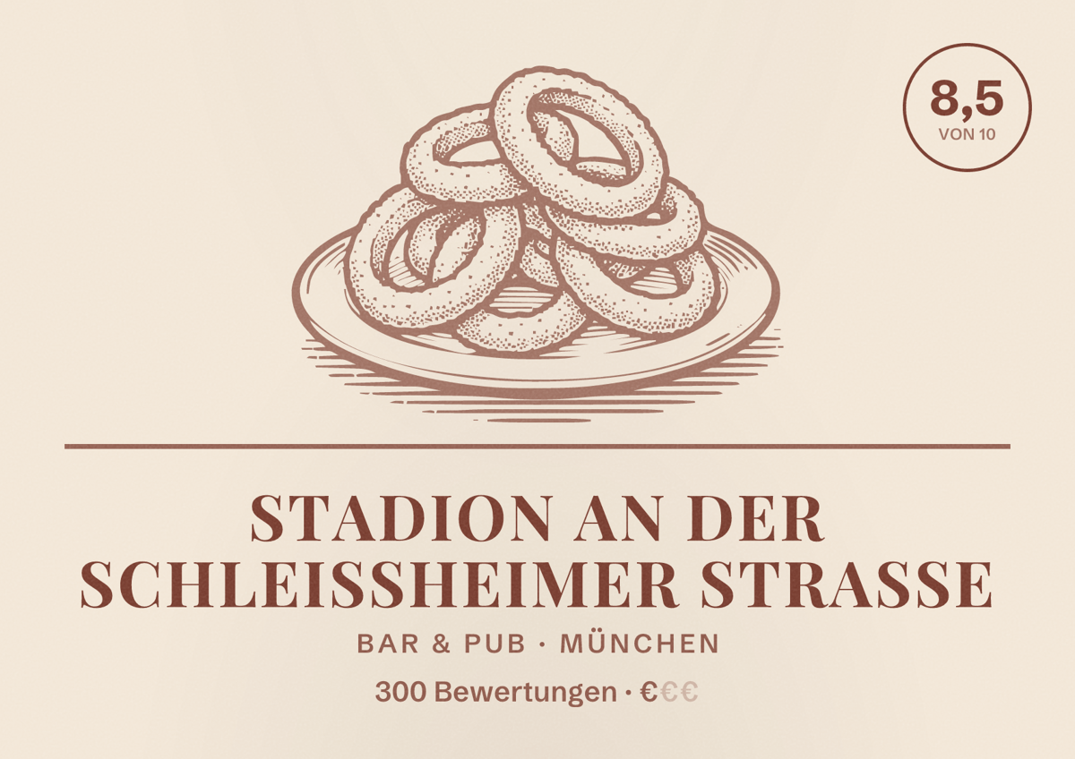 Illustriertes Poster von Stadion an der Schleißheimer Straße, Bar & Pub in München: Bewertung 8,5 von 10 aus 300 Bewertungen, Preisniveau €