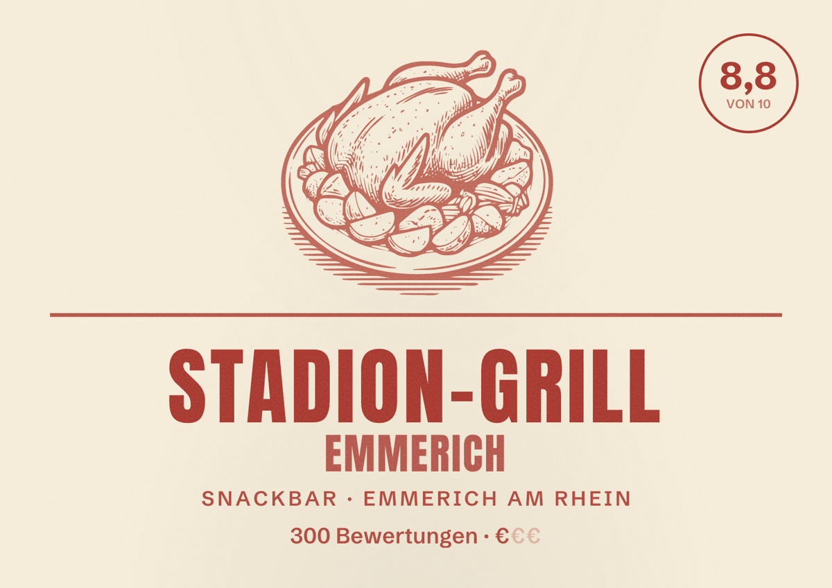Illustriertes Poster von Stadion-Grill Emmerich, Snackbar in Emmerich am Rhein: Bewertung 8,8 von 10 aus 300 Bewertungen, Preisniveau €