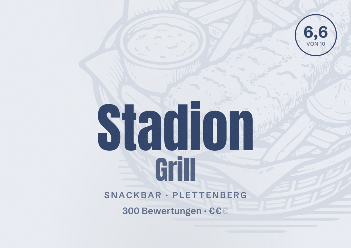 Illustriertes Poster von Stadion Grill, Snackbar in Plettenberg: Bewertung 6,6 von 10 aus 300 Bewertungen, Preisniveau €€