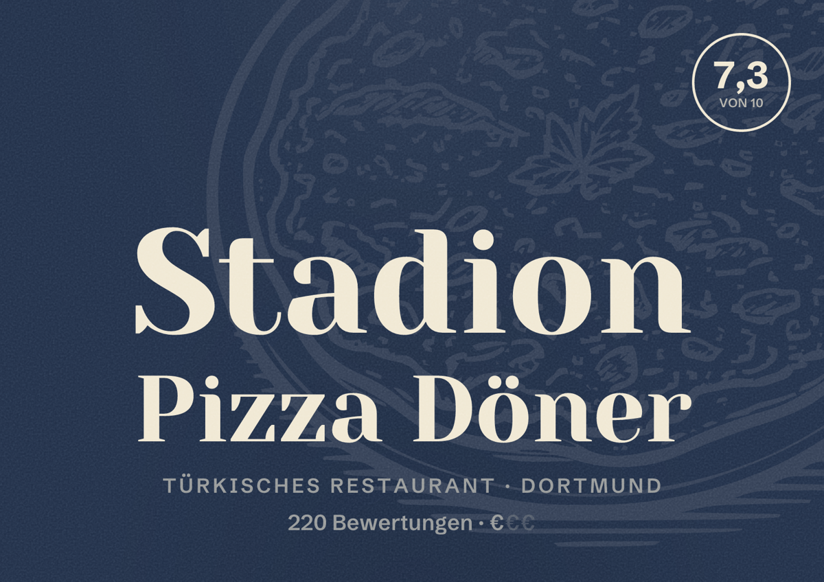 Illustriertes Poster von Stadion Pizza Döner, Türkisches Restaurant in Dortmund: Bewertung 7,3 von 10 aus 220 Bewertungen, Preisniveau €