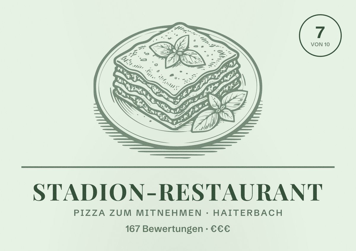 Illustriertes Poster von Stadion-Restaurant, Pizza zum Mitnehmen in Haiterbach: Bewertung 7 von 10 aus 167 Bewertungen, Preisniveau €€€