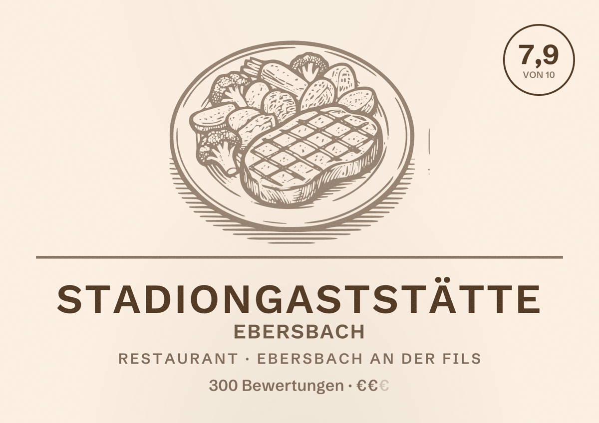 Illustriertes Poster von Stadiongaststätte Ebersbach, Restaurant in Ebersbach an der Fils: Bewertung 7,9 von 10 aus 300 Bewertungen, Preisniveau €€