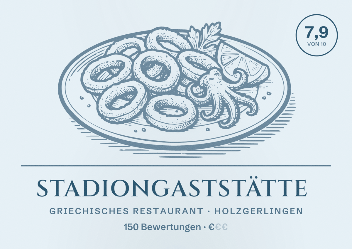 Illustriertes Poster von Stadiongaststätte, Griechisches Restaurant in Holzgerlingen: Bewertung 7,9 von 10 aus 150 Bewertungen, Preisniveau €