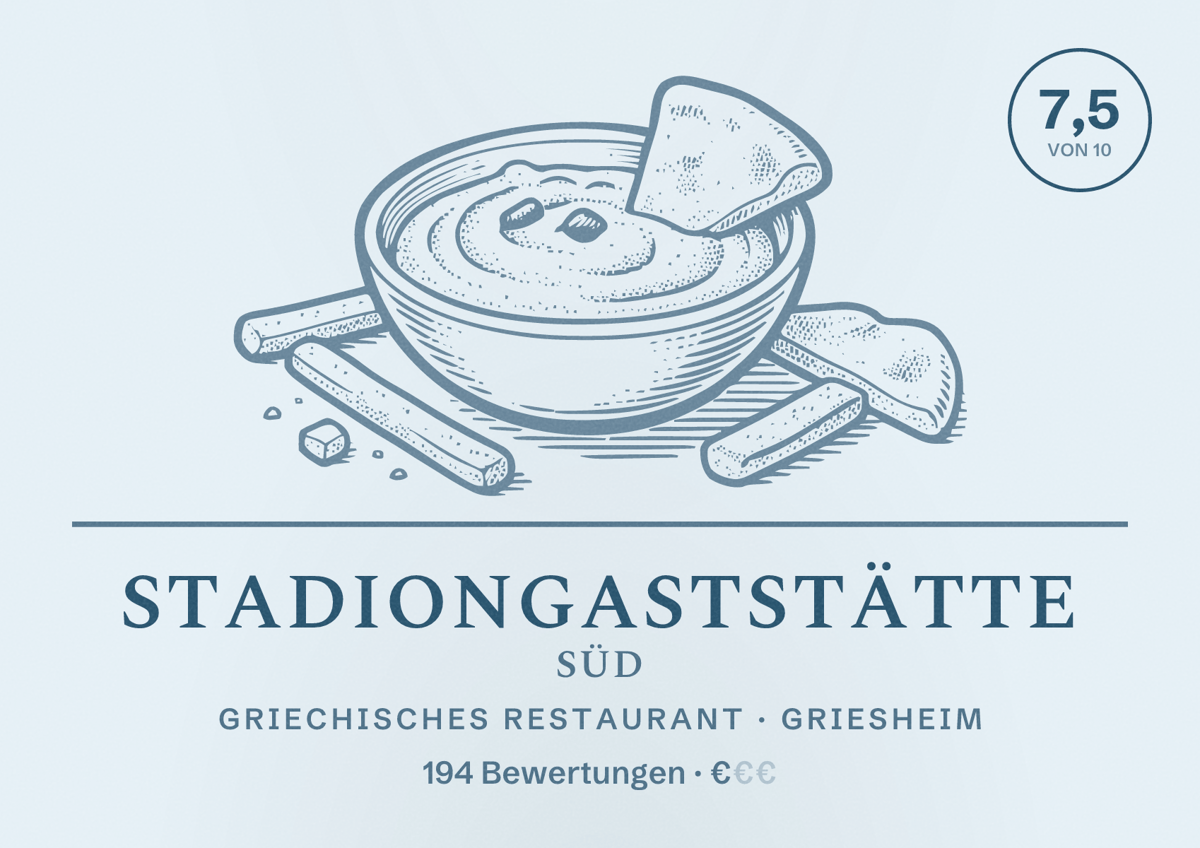 Illustriertes Poster von Stadiongaststätte Süd, Griechisches Restaurant in Griesheim: Bewertung 7,5 von 10 aus 194 Bewertungen, Preisniveau €