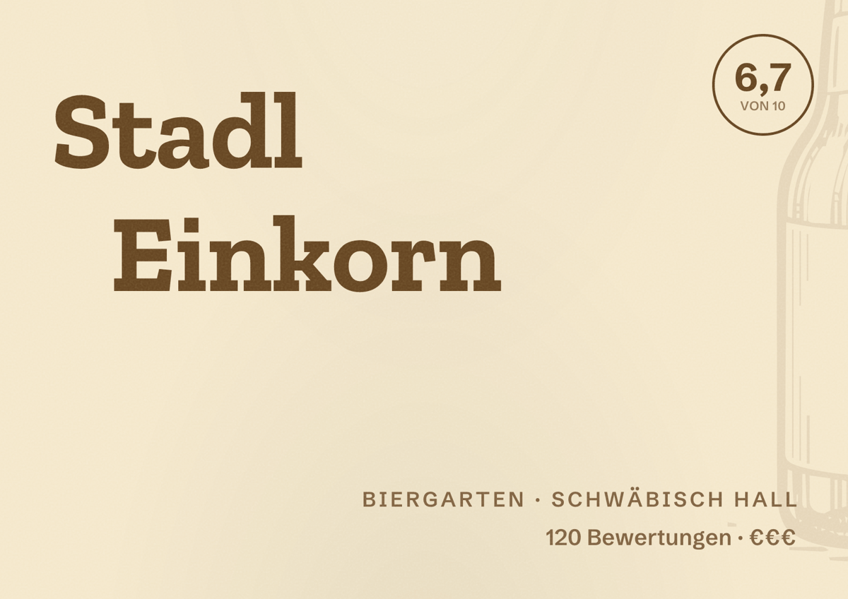 Illustriertes Poster von Stadl Einkorn, Biergarten in Schwäbisch Hall: Bewertung 6,7 von 10 aus 120 Bewertungen, Preisniveau €€€