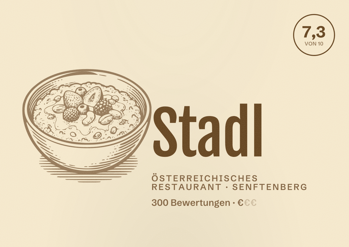 Illustriertes Poster von Stadl, Österreichisches Restaurant in Senftenberg: Bewertung 7,3 von 10 aus 300 Bewertungen, Preisniveau €