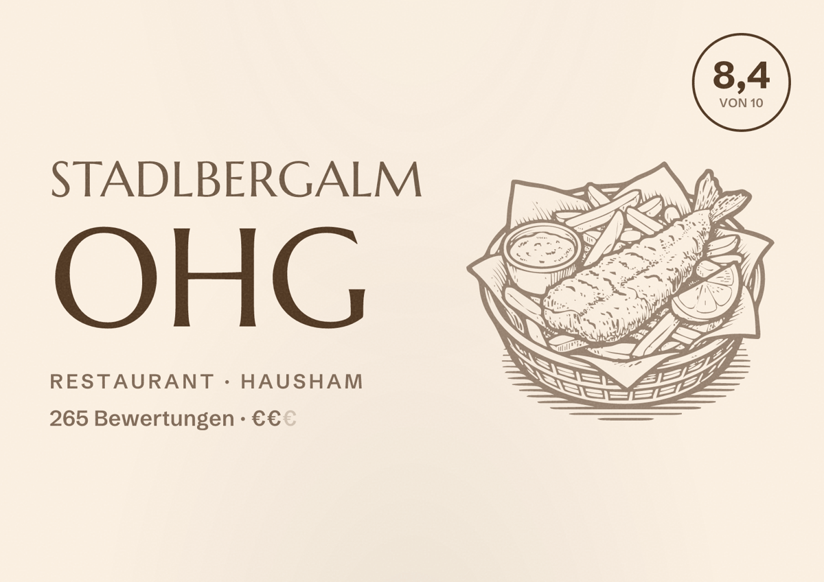 Illustriertes Poster von Stadlbergalm oHG, Restaurant in Hausham: Bewertung 8,4 von 10 aus 265 Bewertungen, Preisniveau €€