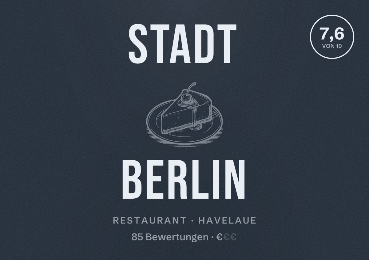 Illustriertes Poster von Stadt Berlin, Restaurant in Havelaue: Bewertung 7,6 von 10 aus 85 Bewertungen, Preisniveau €