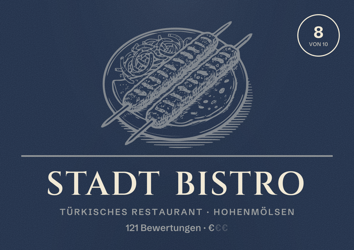 Illustriertes Poster von Stadt Bistro, Türkisches Restaurant in Hohenmölsen: Bewertung 8 von 10 aus 121 Bewertungen, Preisniveau €