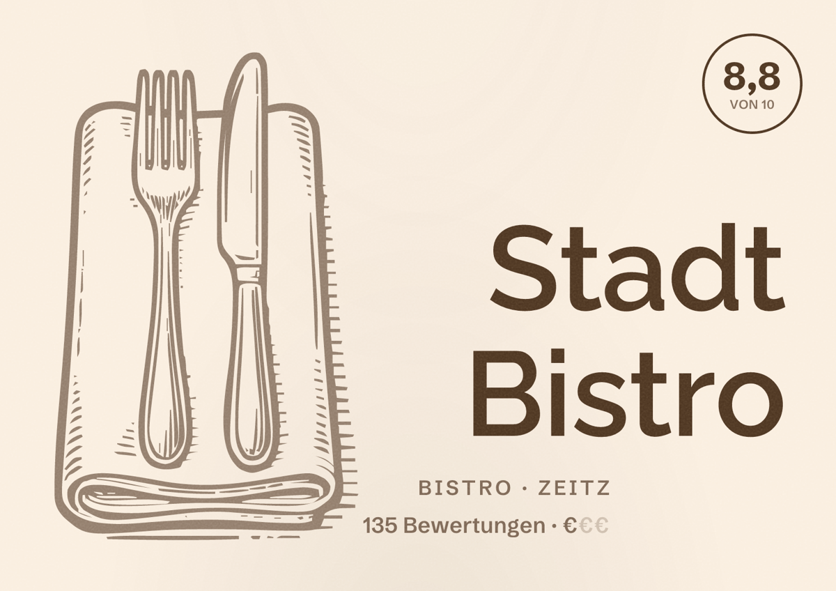 Illustriertes Poster von Stadt Bistro, Bistro in Zeitz: Bewertung 8,8 von 10 aus 135 Bewertungen, Preisniveau €