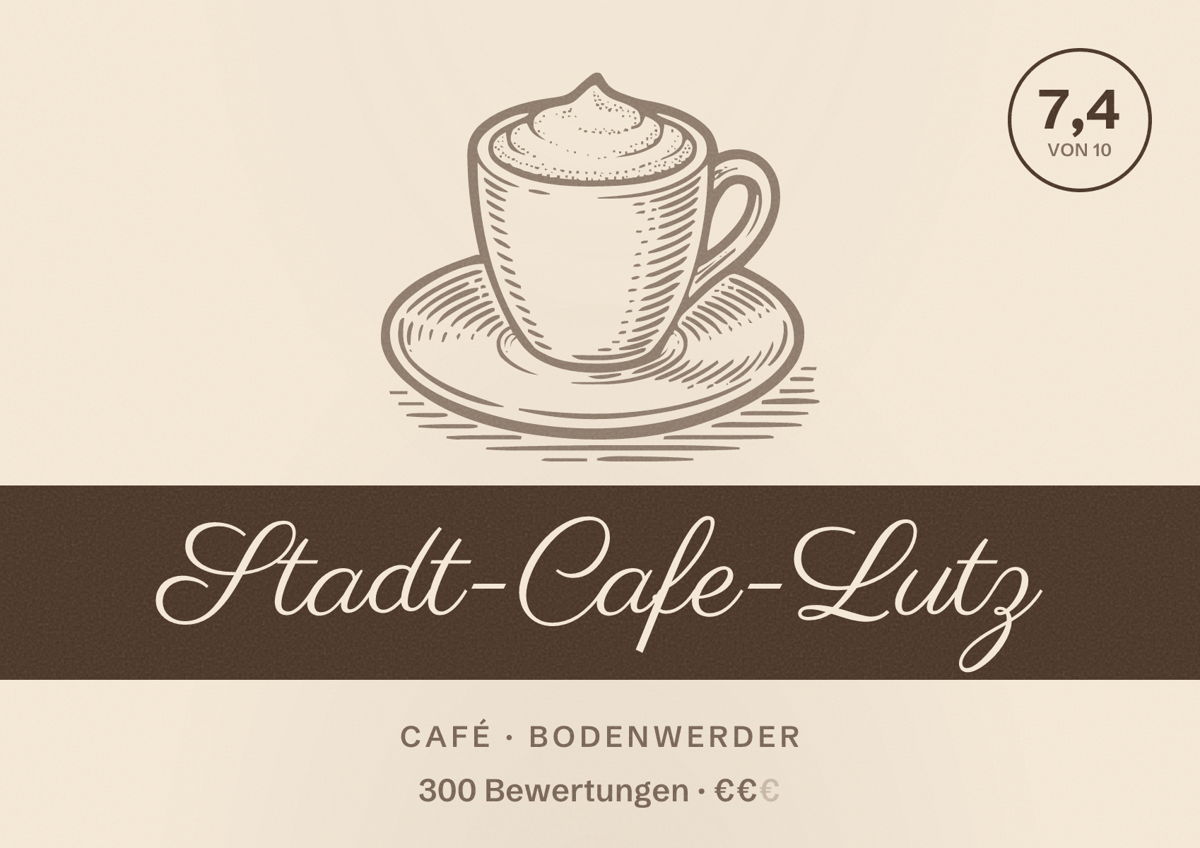 Illustriertes Poster von Stadt-Cafe-Lutz, Café in Bodenwerder: Bewertung 7,4 von 10 aus 300 Bewertungen, Preisniveau €€