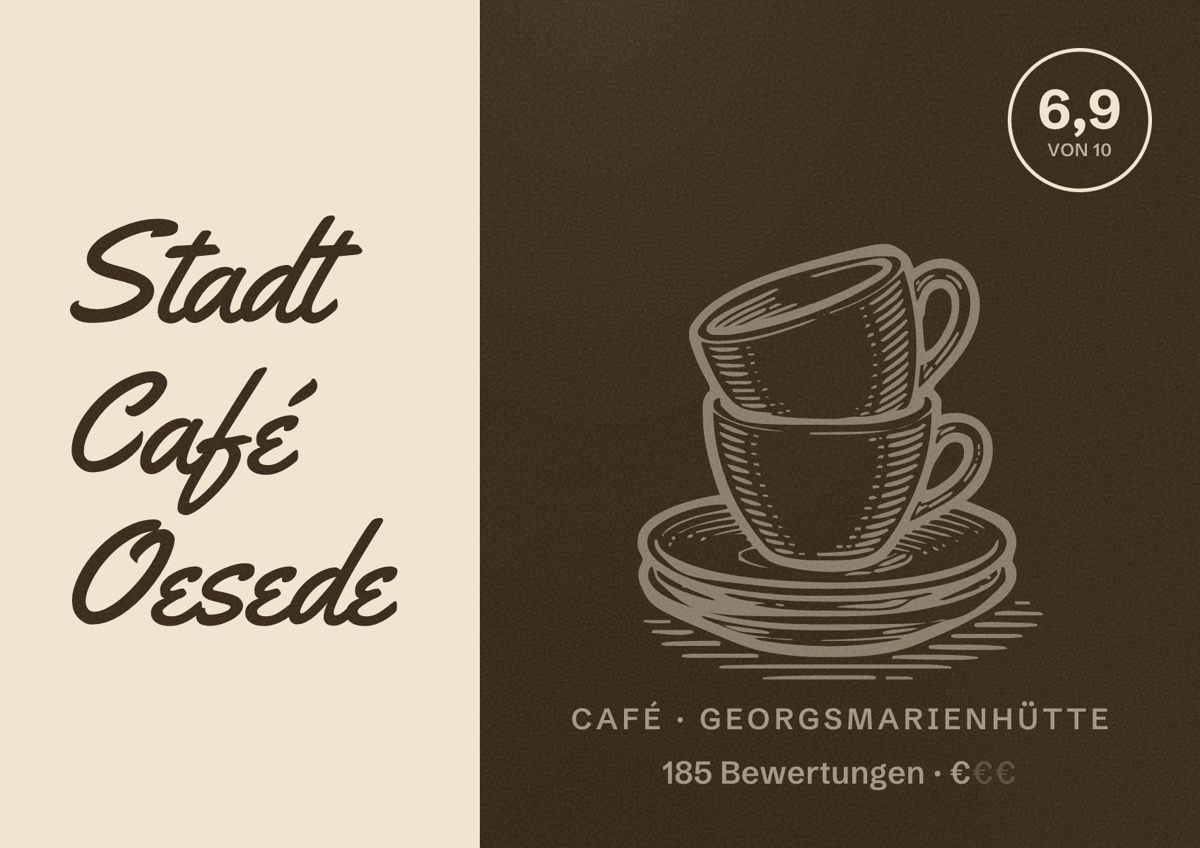 Illustriertes Poster von Stadt Café Oesede, Café in Georgsmarienhütte: Bewertung 6,9 von 10 aus 185 Bewertungen, Preisniveau €