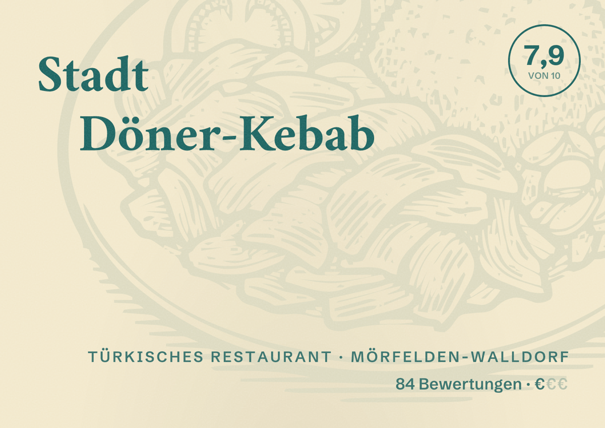 Illustriertes Poster von Stadt Döner-Kebab, Türkisches Restaurant in Mörfelden-Walldorf: Bewertung 7,9 von 10 aus 84 Bewertungen, Preisniveau €