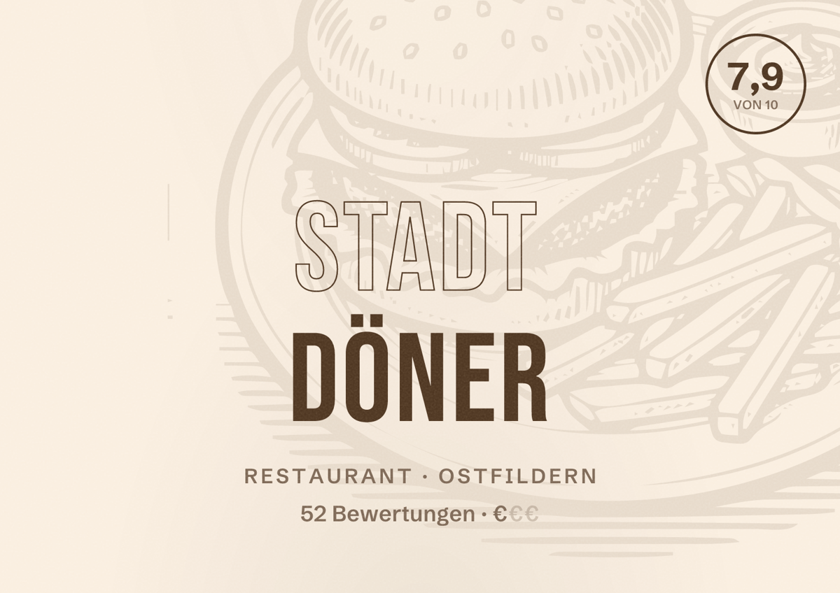 Illustriertes Poster von Stadt Döner, Restaurant in Ostfildern: Bewertung 7,9 von 10 aus 52 Bewertungen, Preisniveau €