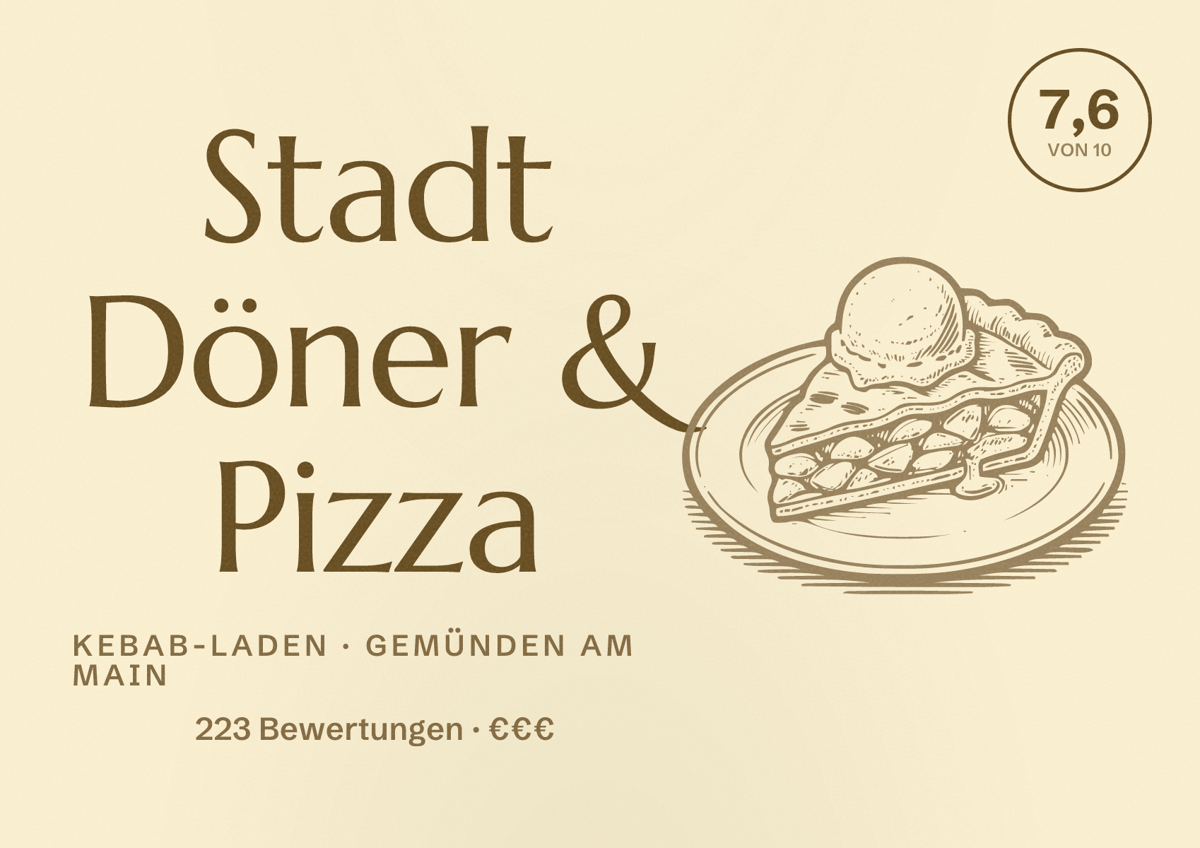 Illustriertes Poster von Stadt Döner & Pizza, Kebab-Laden in Gemünden am Main: Bewertung 7,6 von 10 aus 223 Bewertungen, Preisniveau €€€