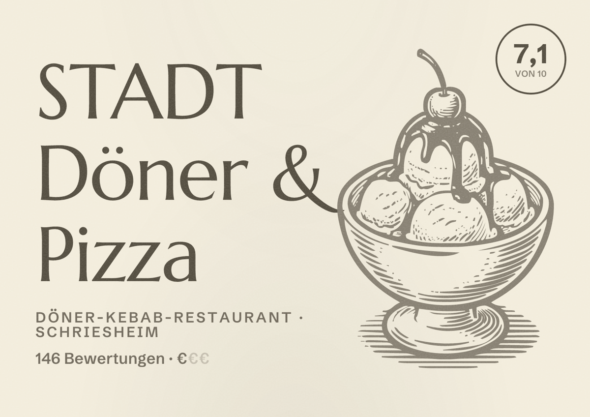 Illustriertes Poster von STADT Döner & Pizza, Döner-Kebab-Restaurant in Schriesheim: Bewertung 7,1 von 10 aus 146 Bewertungen, Preisniveau €