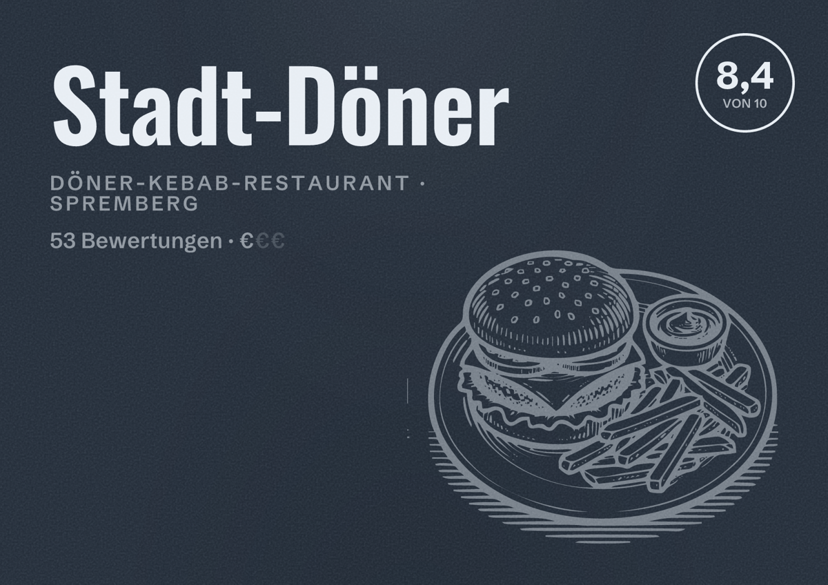 Illustriertes Poster von Stadt-Döner, Döner-Kebab-Restaurant in Spremberg: Bewertung 8,4 von 10 aus 53 Bewertungen, Preisniveau €