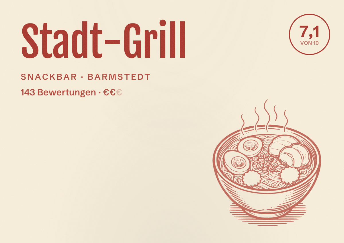 Illustriertes Poster von Stadt-Grill, Snackbar in Barmstedt: Bewertung 7,1 von 10 aus 143 Bewertungen, Preisniveau €€