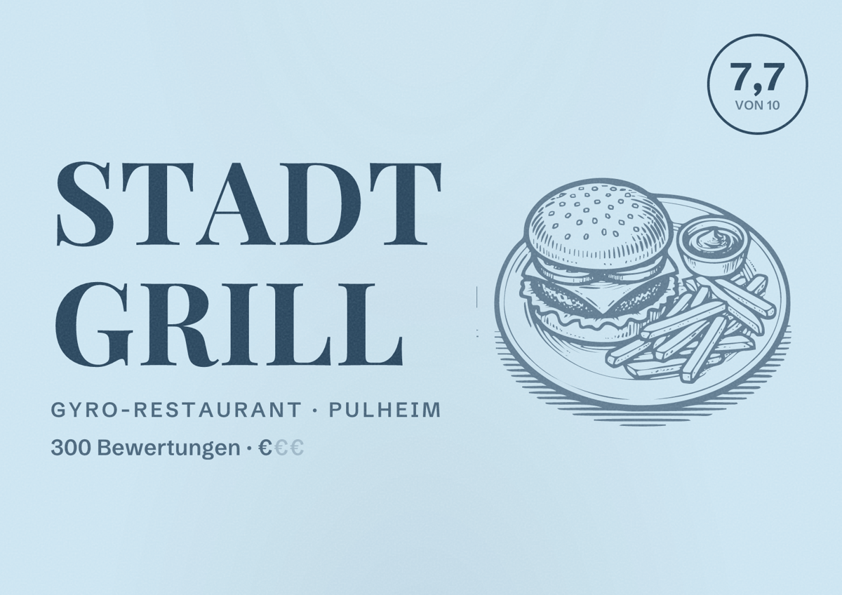 Illustriertes Poster von Stadt Grill, Gyro-Restaurant in Pulheim: Bewertung 7,7 von 10 aus 300 Bewertungen, Preisniveau €