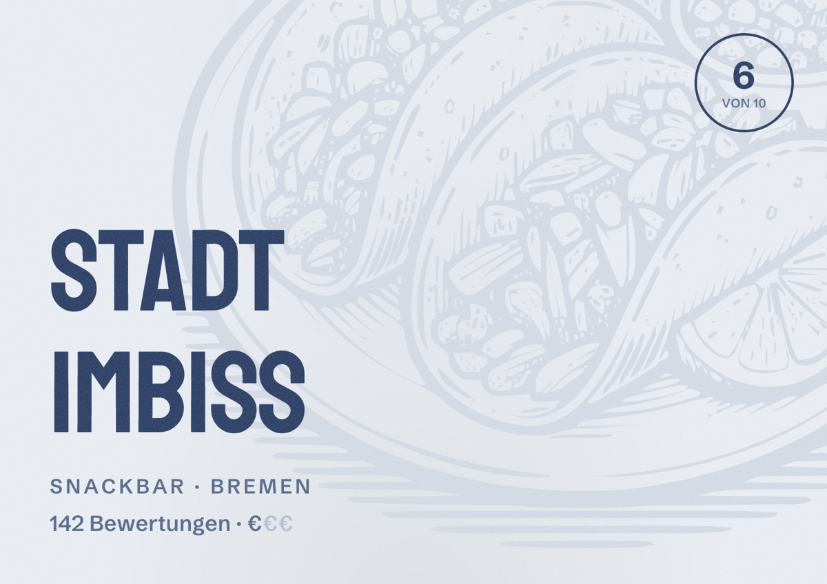 Illustriertes Poster von Stadt Imbiss, Snackbar in Bremen: Bewertung 6 von 10 aus 142 Bewertungen, Preisniveau €