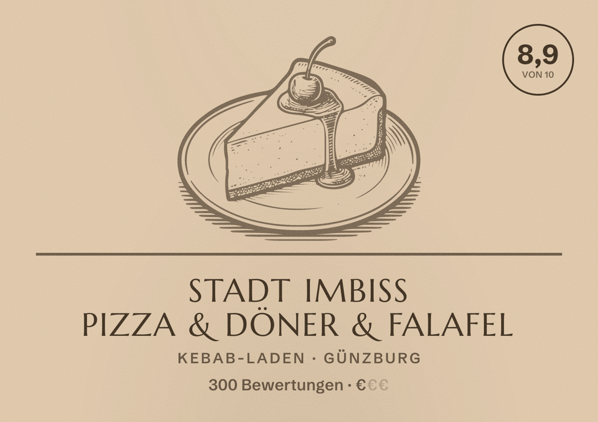 Illustriertes Poster von Stadt IMBISS Pizza & Döner & Falafel, Kebab-Laden in Günzburg: Bewertung 8,9 von 10 aus 300 Bewertungen, Preisniveau €